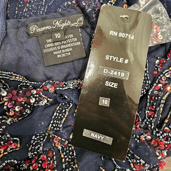 PISARRO NIGHTS Sequin Beaded Illusion Gown In Navy Sz 10 - Picture 2 of 12